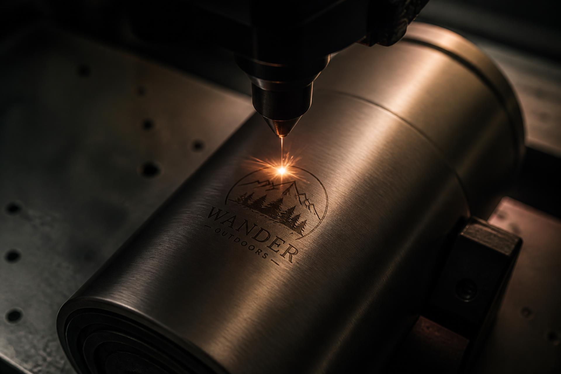 Laser engraving machine tracing a fine logo into a brushed metal tumbler